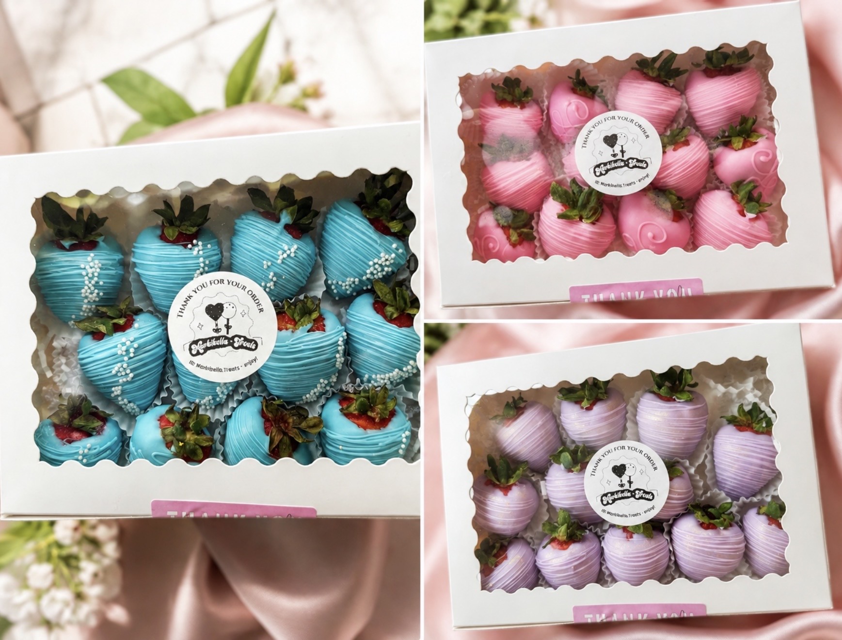 Baby blue, pink and lavender chocolate covered strawberry boxes with Markibella Treats thank-you stickers